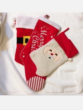Set of 3 Merry Christmas Santa Stocking Vintage EUC Faux Fur Sherpa Stockings